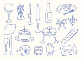 Line Art Romantic Dining And Celebration. A collection of 17 line art elements including wine glasses desserts candles fruits utensils and love notes designed for dining celebration and romantic vector