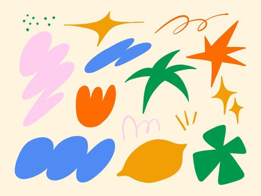 Freeform Playful Shape and Botanical. A vibrant set of 14 freeform and botanical inspired elements including stars leaves scribbles flowers and abstract marks perfect for creative compositions