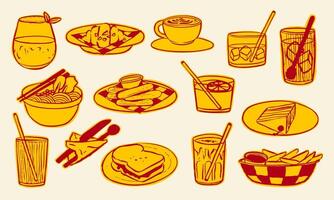 Retro Line Art Food And Drink Cafe Pack. A bold collection of retro line art food and drink illustrations including coffee ramen cake fries cocktails. Perfect for cafe menus branding snack visual vector