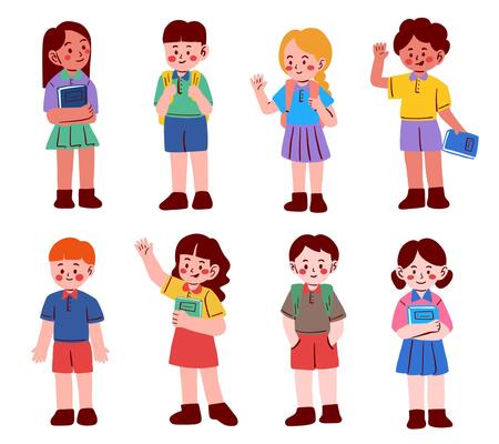 Flat Style School Kid Character Pack. A charming collection of flat style school children characters with various poses outfits and expressions for educational content story visuals learning theme