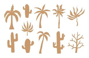 Hand Drawn Desert Botanical Silhouette. A collection of 11 hand drawn plant silhouettes featuring palms cacti agave and desert trees in warm organic shapes. Perfect for nature eco themed designs vector