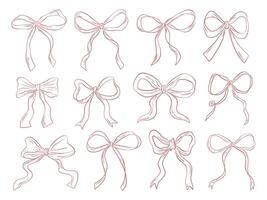 Hand Drawn Ribbon Bow Outline Collection. A charming collection of 12 hand drawn ribbon bow illustrations featuring loop and vintage contours. Perfect for festive crafts packaging and sticker design vector
