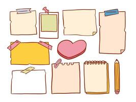 Hand Drawn Paper Note And Stationery. A fun set of note papers, taped sheets, polaroid frame, heart pad, spiral notebook and pencil in hand drawn style for creative layouts, journaling, and decoration vector