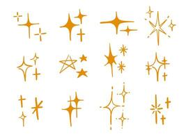 Hand Drawn Sparkle Icon Collection. A creative collection of 12 hand drawn orange sparkle icons in various starburst and twinkle styles featuring outlines and radiant shapes for dynamic decorative vector