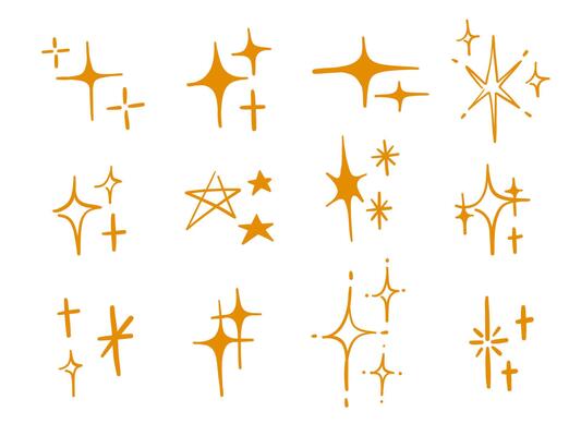 Hand Drawn Sparkle Icon Collection. A creative collection of 12 hand drawn orange sparkle icons in various starburst and twinkle styles featuring outlines and radiant shapes for dynamic decorative