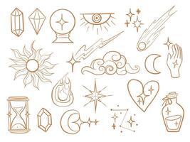 Mystical Outline Icon Celestial Magical. A magical collection of 19 mystical outline icons featuring crystals moons stars hands potion flame cloud and cosmic symbol. Perfect for stickers prints ritual vector