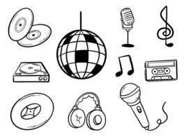 Line Art Music Icon Collection. A collection of 10 hand drawn music themed icons including disc, disco ball, microphone, cassette, notes, headphones, turntable, and more. Perfect for creative projects vector