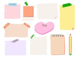 Hand Drawn Sticky Note and Stationery. A playful set of hand drawn memo sheets pins paper scraps notebooks and a pencil in colorful doodle. Perfect for journals planners and digital stationery kits vector