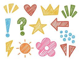Hand Drawn Colorful Sketch Collection. A playful collection of 13 hand drawn sketch icons including hearts stars arrows punctuation symbols flowers in vibrant doodle style. Perfect for comics cards vector