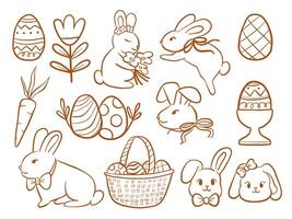 Doodle Style Easter Bunny And Egg Set. A charming set of 13 Easter doodle illustrations featuring bunnies eggs baskets flowers and festive spring elements in warm style. Perfect for card sticker vector