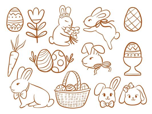 Doodle Style Easter Bunny And Egg Set. A charming set of 13 Easter doodle illustrations featuring bunnies eggs baskets flowers and festive spring elements in warm style. Perfect for card sticker