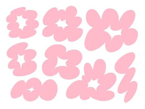 Freeform Pink Abstract Blob Shape. A collection of 8 freeform abstract pink blob shapes with playful edges star cutouts clover forms and zigzag designs and more. Perfect for modern collage sticker art vector