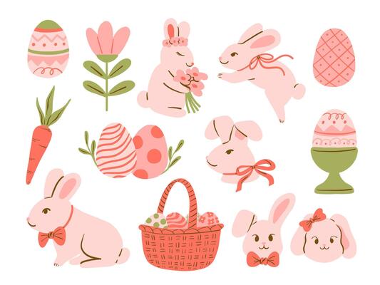 Easter Bunny And Spring Icon Collection. A cheerful collection of 13 pastel doodle icons featuring bunnies, eggs, flower, carrot, and festive decorations in spring palette. Perfect for seasonal crafts