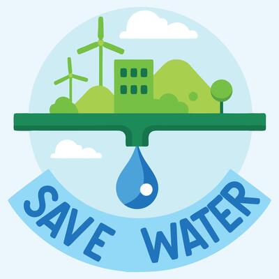 Cartoon illustration urging to save water with clean energy in a green environment for a sustainable future.