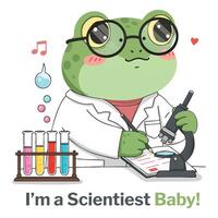Adorable cartoon frog scientist in lab coat conducts experiment with microscope, cute and educational vector