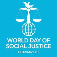 World Day for Social Justice banner displays global scales and peace dove on a clean blue background. vector