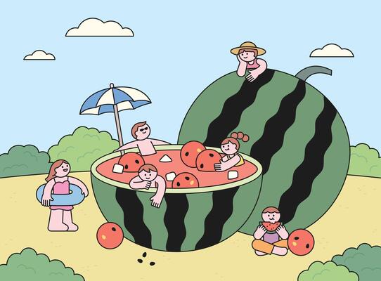 People enjoying a refreshing summer day by swimming in a giant watermelon bowl.