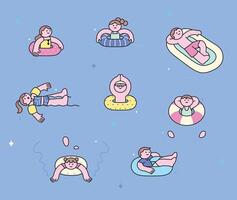 People swimming and relaxing in inflatable rings vector