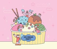 Ice cream party with children enjoying scoops vector