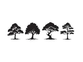 Four silhouetted trees of diverse shapes displayed against a clean white background for design. vector