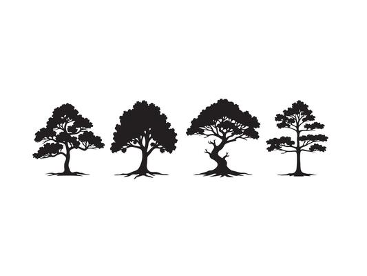 Four silhouetted trees of diverse shapes displayed against a clean white background for design.