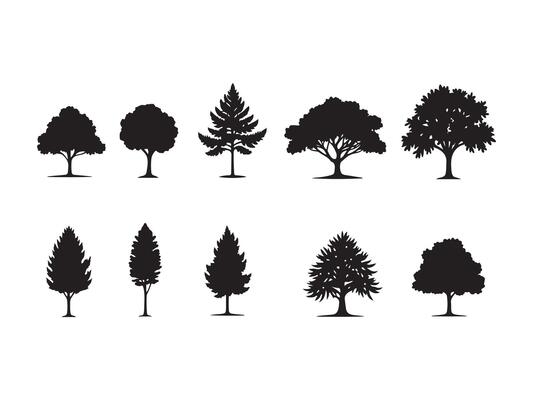 Collection of black silhouettes of different trees for nature and environmental design