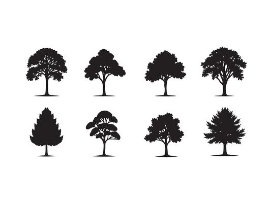 illustration of silhouetted trees showing various tree types and shapes with black color
