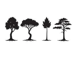 Black silhouette illustrations of diverse trees with various foliage types on white background vector