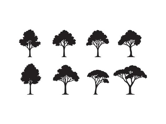 Collection of silhouetted trees depicting diverse leafy shapes in monochrome style