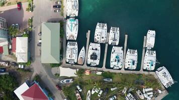 Drone Descent Over Catamaran Sailboats Docked in Clear Blue Harbor, British Virgin Islands video