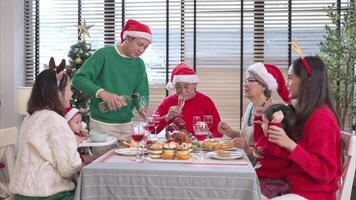 Family members are toasting with wine and drinks while sharing a meal together during the Christmas celebration at home video