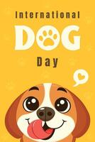 International Dog Day Poster with Smiling Puppy and Yellow Background. vector