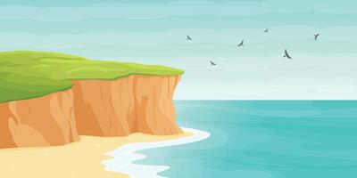 Cliffs by the ocean with birds flying vector