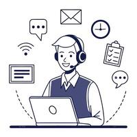 Call center service agent with laptop and phone icons vector