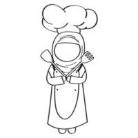 a cartoon woman in a chef hat holding a spatula and fork vector