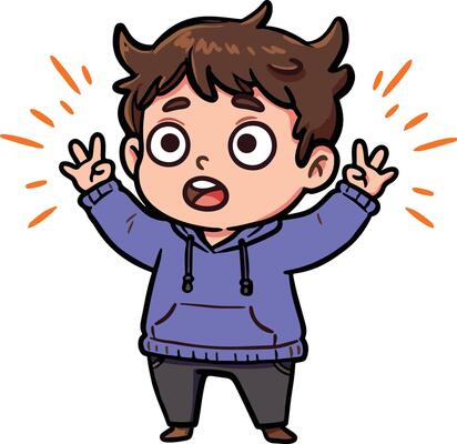 A cartoon boy with his hands up