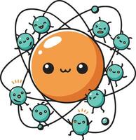 An orange and blue cartoon atom surrounded by many small cartoon characters vector