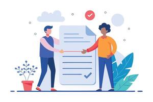 Diverse colleagues reviewing contract, flat design, positive mood, teamwork, agreement, collaboration, success. vector