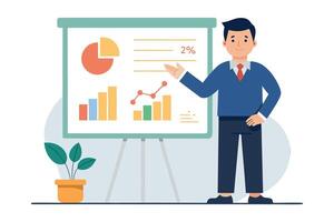 Confident businessman presenting positive financial data on whiteboard modern flat design. vector