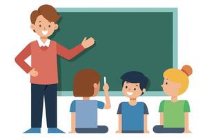 Happy teacher instructing diverse elementary school children at chalkboard cheerful classroom scene, flat illustration. vector
