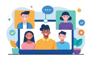 Happy diverse team conferencing on laptop, cheerful online meeting, modern flat style illustration. vector