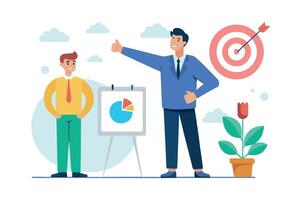 Businessmen Achieving Goals Positive Teamwork, Chart Presentation, Target Hit, Growth Concept Illustration. vector