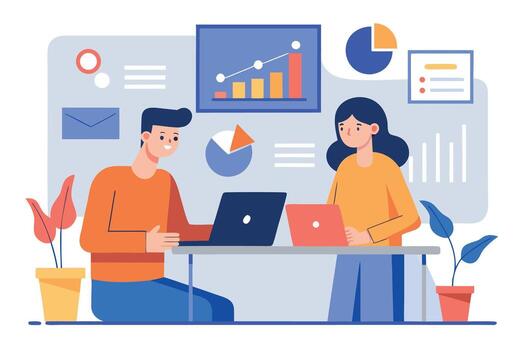 Happy colleagues collaborating on laptop computers, reviewing data charts and graphs, modern office workspace, flat design style. vector