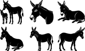 Donkey Silhouette Collection Set and Editable Bundle for Farm Branding, Village Scenes, and Educational Projects vector