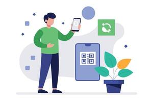 Man scanning QR code on smartphone, flat design, modern technology, digital lifestyle, simple illustration. vector