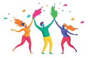 Joyful friends celebrating vibrant color splashes playful energetic flat design illustration vector