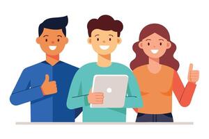 Happy diverse team using tablet, thumbs up, positive collaboration, flat design, cheerful mood. vector