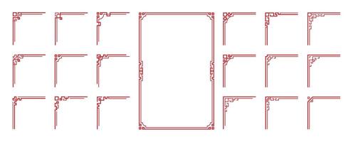 Chinese red pattern ornaments and asian oriental corner frames or geometric borders vector