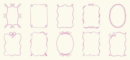 Pink Whimsical frame with wavy line, bows, ribbon. vector