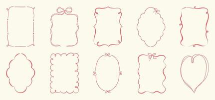 Set of doodle hand drawn oval frames with wavy lines, bows and ribbons. vector